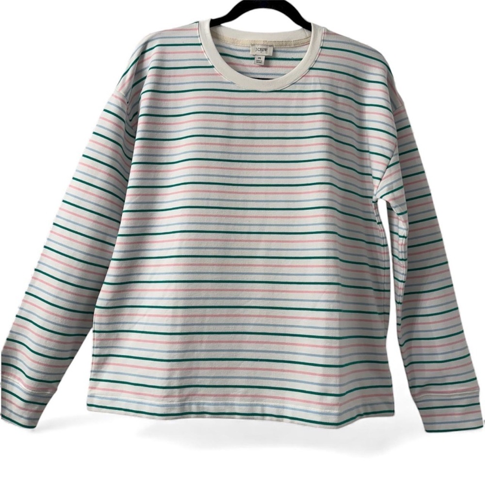 J.Crew‎ Factory Sweatshirt Medium Pastel Stripe Terry Crewneck White Pink Blue